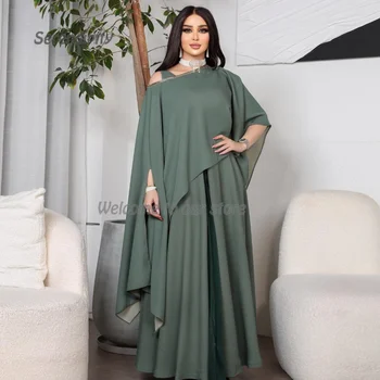 Serendipity De Chiffon A Linha De Arábia Saudita Vestido De Noite De Um Ombro-Assoalho-Comprimento Verde Outono Elegante Plissado Vestido De Baile Para As Mulheres