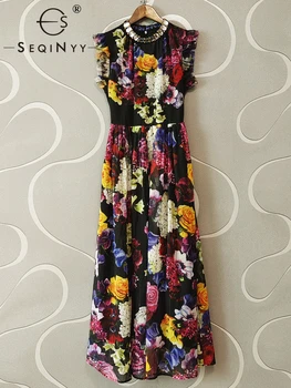 SEQINYY Elegante Midi Vestido de Verão, Primavera Novo Design de Moda as Mulheres Pista de Rua de Alta Beading Vintage Flores Coloridas de Impressão