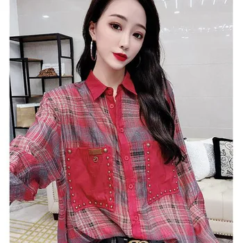 Vintage Impresso Beading Bolsos Camisa Xadrez de Roupas femininas 2023 Outono Casuais Novo Tops Soltos coreano Blusa