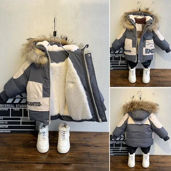 Inverno casaco de meninos 2023 novo bebê gola de Pele com capuz algodão, além de veludo engrossar casaco quente para as crianças parka 2-8years roupas de crianças