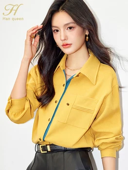 H Han Rainha Nova 2024 Primavera, Outono Office Mulheres Blusas Vintage Trabalho Casual Tops Blusa de Chiffon Elegante Noções básicas de Camisas Soltas