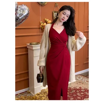Roupas femininas Funda Vestido Novo Chinês Retro Slim Fit Pendurada no Pescoço, Design de Vestido de Sentido Único Temperamento Vestido Longo de Malha