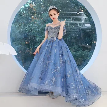 Garoto de Vestidos de Noiva para as Meninas Elegante Azul de Renda da Menina de Flor de Princesa Vestido Longo Natal das Crianças Vestido de Noite de Baile, Vestidos de Festa