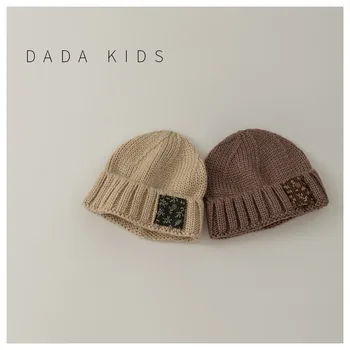 Para crianças, Chapéus de Outono e Inverno Malha Chapéus de Meninos e Meninas Retro Pequena Etiqueta Personalidade Toda Quente Chapéus de Lã