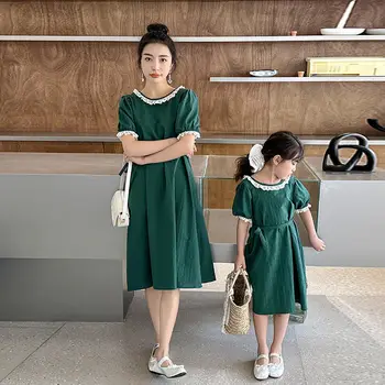 Mãe e Filha Combinando Vestido de Verão Nova Mãe da Menina das Crianças Férias Mar Princesa Vestidos coreano Familiar Correspondente Roupas