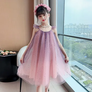 2023 Verão Meninas Novas Doce Céu Estrelado Vestido De Princesa Meninas Coreano Voando Manga Inchados De Malha Vestido De Estrela De Meninas Sequin Vestido De Fada