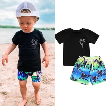 O bebê Meninos 2Pcs de Verão, Roupas de Manga Curta T-Shirt Tops de Elástico na Cintura Shorts Conjunto de Roupa de Meninos Havaí Roupa de moda praia