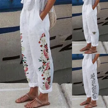 Casual Cintura Reta Calças de Alta Mulheres de Impressão Longos Soltos Com Bolsos de Calças de Mulher Casual Calças de Elástico Calças para Mulheres Casuais