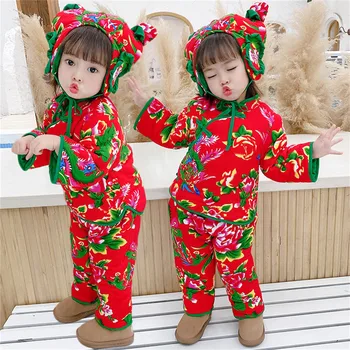 Criança Vermelho Quente Tang Atender Crianças Do Bebê Hanfu Floral Flor De Inverno Casaco Jaqueta Calças Definido Para O Ano Novo Chinês Desempenho