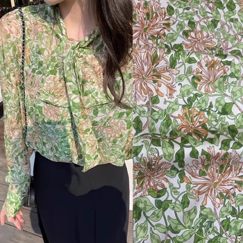 Verão Fresco Floral Verde Sarja de Seda Tecido Clássico 140cm de Largura de Alta Qualidade Camisa de Vestido de Seda Natural de Tecido, Acessórios de Costura