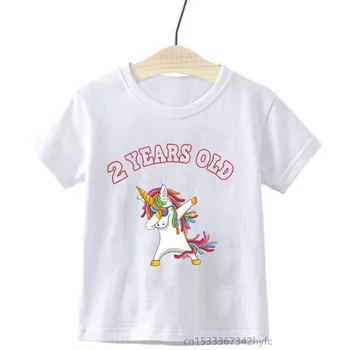 Crianças do bebê Cartoon Enxugando Unicórnio Número de Aniversário de Nome de Imprimir Camisa de T de Crianças de Aniversário de T-shirts Menino&Menina Engraçada Camiseta de Presente
