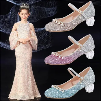 Menina Princesa Sapatos de salto Alto Sapatos de Cristal Crianças Vestido de Piano Crianças Sapatos
