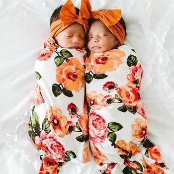 Zogift poliéster spandex malha bebê envoltório floral novo design bebê swaddle cobertor com chapéu