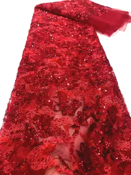 Vermelho Luxo Africano Lantejoulas Frisado Noivo de Tule Tecido do laço 2023 Bordado de Alta Qualidade e Renda francesa Para o Vestido de Festa