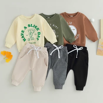 Criança Infantil Bebê Recém-nascido Meninos 2pcs Conjuntos de Roupas de Manga Longa Carta de Padrão de Impressão Camisolas, Tops Cordão Calças Sporwear