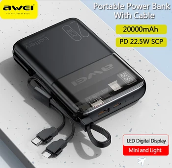 Awei P181K Banco Portátil do Poder da 20000mAh Com Cabo de PD 22,5 W Powerbank Carga Rápida Externo Bateria extra Para iOS / Android