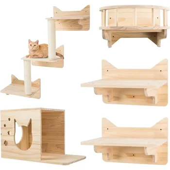 Pinheiro Gato Quadro de Parede para Escalada, Conjunto de 5 Gato de Parede, Móveis de Gato Prateleiras e Poleiros, Casa do Gato, Sisal Pós Escada, Árvore do Gato