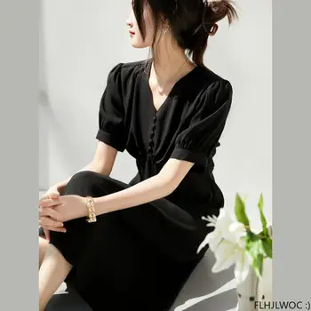 Chique Coreano Moda Mulheres De Temperamento Senhora Do Escritório De Trabalho Elegante Roupas Básicas Sólido Vintage Vestido Longo Feminino Vestidos