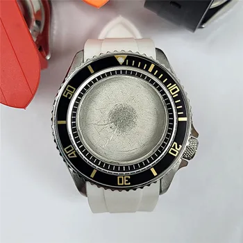 41,5 MM Relógio de Mergulho Caso Mineral Lente Branca de Banda de Borracha de duas cores Sub Moldura Parafuso Coroa Para NH35 NH36 4R Movimento