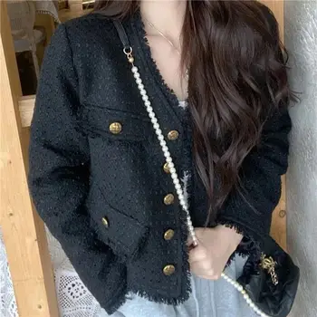 Alta Qualidade Vintage Pequeno Fragrância Jaquetas De Tweed Para As Mulheres De Moda Outono-Inverno De Borla Pêlo Curto Roupas Casual A30