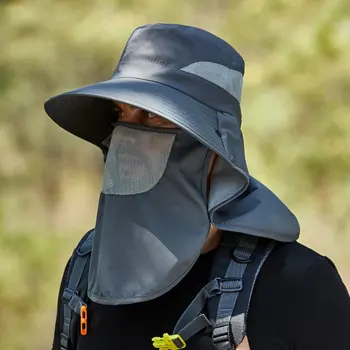 Grande Chapéu de Aba Homens Mulheres Removível Máscara de Chapéus de Esportes Camping Proteção UV, Chapéu de Sol Balde Cap Viseiras Protetor solar Pesca Caps