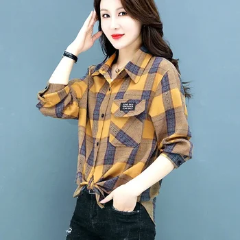 Mulher de Camisa de Mangas Longas coreano Moda Tops Outono Roupas Casaco Xadrez Casacos Novos Blusas