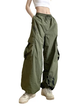 As mulheres Caem Y2k Carga Calças de Cintura Elástica de Letras de Impressão Solta Calças com Bolsos Streetwear Calças Largas