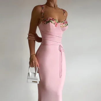 Mulheres Elegantes de Espaguete fita para Impressão de Retalhos Maxi Vestido de Festa do Clube a Noite de Aniversário do Bodycon Vestidos de Verão para as Mulheres 2024