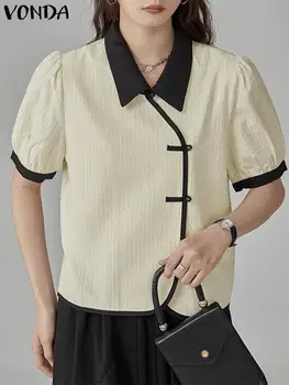 VONDA Elegante Cor de Retalhos Camisas de Mulheres Lapela Curto Puff Manga da Blusa De 2023 Botões de Moda Casual Solta Blusas de Verão, Tops