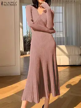 ZANZEA Nervuras Vestido de Tricô Moda Solid V-pescoço Vestidos de Mulheres Sexy Bodycon Envolto Hip Vestidos de 2023 Outono Roupa Elegante