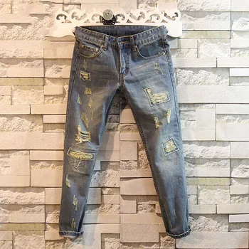 Homens coreano Moda Buracos 9-ponto de Calças Jeans Pé Pequeno Ajuste Fino Homem de Calças Cargo Streetwear Calças Jeans