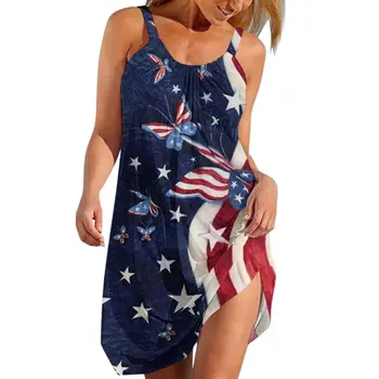 Bandeira americana Impressas em 3D Vestido de Praia Borboleta Tráfico de Mulheres Boêmio Vestido Sexy Sleeveles Sundress Vestios para Senhoras Havaiano