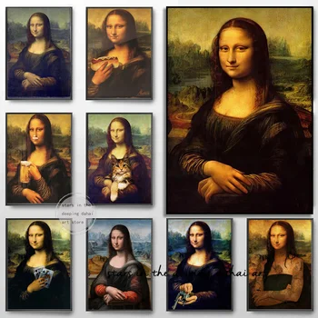 Retro Clássico, Engraçado Mona Lisa com Gatos,Fumar Retrato de Arte Cartazes Tela de Pintura de Parede Imprime a Imagem Sala de estar Decoração de Casa