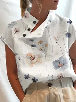 De Lazer De Verão Blusa Mulheres Tops Vintage Floral Impressão De Manga Curta, Blusas Brancas Casual Botões De Fenda Ficar Top Com Decote Em Blusas