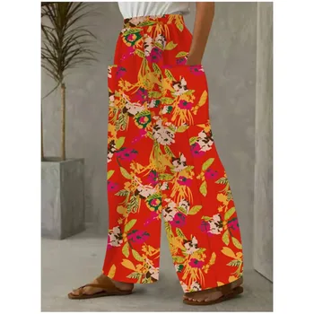 2023 Outono Nova Moda feminina Bolso Impressão de Confortável, Calças Soltas Versátil e Casual Calças de Elástico na Cintura Perna Reta Calças