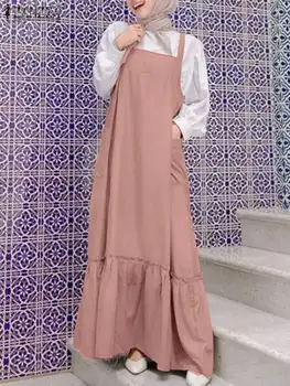 2023 ZANZEA Moda sem Mangas Sólido vestimenta Muçulmana Mulheres de Verão Macacão Vestidos Casuais Dubai, Turquia Abaya Hijab Sundress Vestes