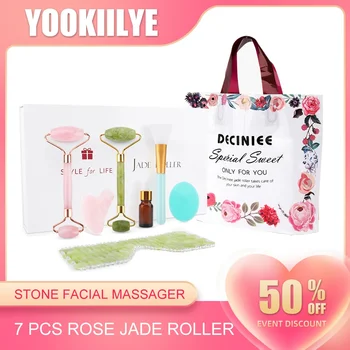 Gift Set 7Pcs Rosa Jade Rolo de Gua Sha Conjunto Natural de Pedra de Cristal Massager Facial Slimming do Corpo Rolo de Beleza Ferramenta Para Cuidados com a Pele