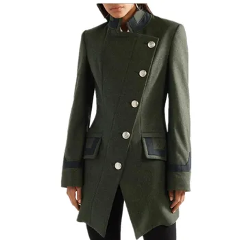 Novo inverno Colarinho de Mandarim Único Breasted Slim Militar Moda elegante quente mulheres misturas de lã casaco