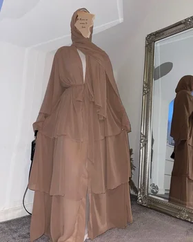 3 Camadas de Chiffon Abaya Quimono de Verão Kaftan Manto Turquia Muçulmana Hijab Vestido de Ramadã Abrir Abayas para as Mulheres Dubai Vestuário Islâmico