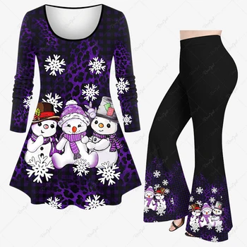 2023 Mulher de Natal do Boneco de neve, floco de Neve Xadrez Leopard Impresso de Manga comprida T-shirt Ou Calças Flare Diário Casual Conjunto Correspondente