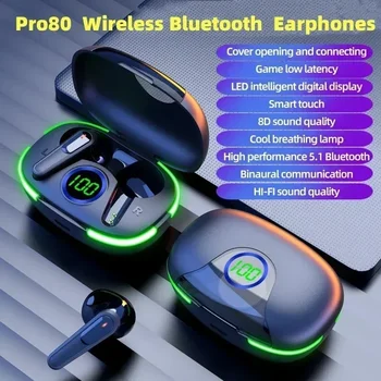 Pro80 TWS sem Fio Bluetooth Fones de ouvido 5.1 Redução de Ruído Controle de Toque Música Impermeável Fones de ouvido de Energia Display de LED com Microfone