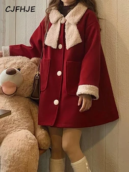 Vermelho Coreano Moda Grosso Casaco De Inverno De Natal Kawaii Casaco De Lã Mulheres Com Retalhos Quente Solta Outwear Casaco Feminino De Ano Novo