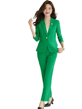 2023 Novo Feminino Elegante OL Mulheres, Verde, Azul, Terno de Blazer e Calça, Jaqueta de Negócios do Office Lady 2 Peças Conjunto S-4XL