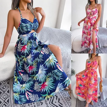 Sexy Cinta de Praia no Verão Maxi Vestido das Mulheres estampa Floral Boho Longo de Chiffon Vestido de Mulher roupa de Novos Estilos 2024