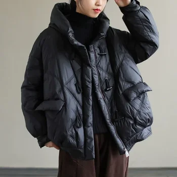 Mulheres Soltas Casaco e Jaqueta de Moda feminina de Inverno com Capuz Curto Casaco Parka Estilo coreano Colar de pé Quente 2023 Novo