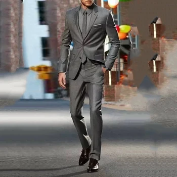 Cinza Xadrez Slim SuitBusiness Casual Terno Para MenGroom Vestido Blazer Jaqueta Calças Entalhado Lapela Do Traje Homme