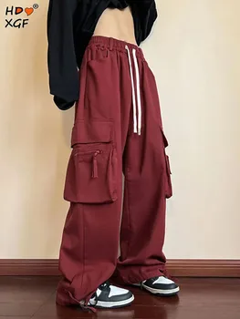Harajuku Fashion Bolsos Plus Size Reta Calças Para As Mulheres Do Vintage Elástico De Cintura Alta Calças Soltas De Streetwear Y2k Calças Largas