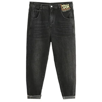 Outono de novo plus size casual calças de brim das mulheres 6XL 5XL 4XL moda cor sólida cintura alta elástico do bolso de zíper Harlan jeans.